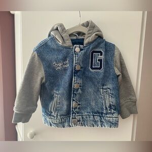 GAP Kids Blue Denim Jacket with Gray Hood & Sleeves
